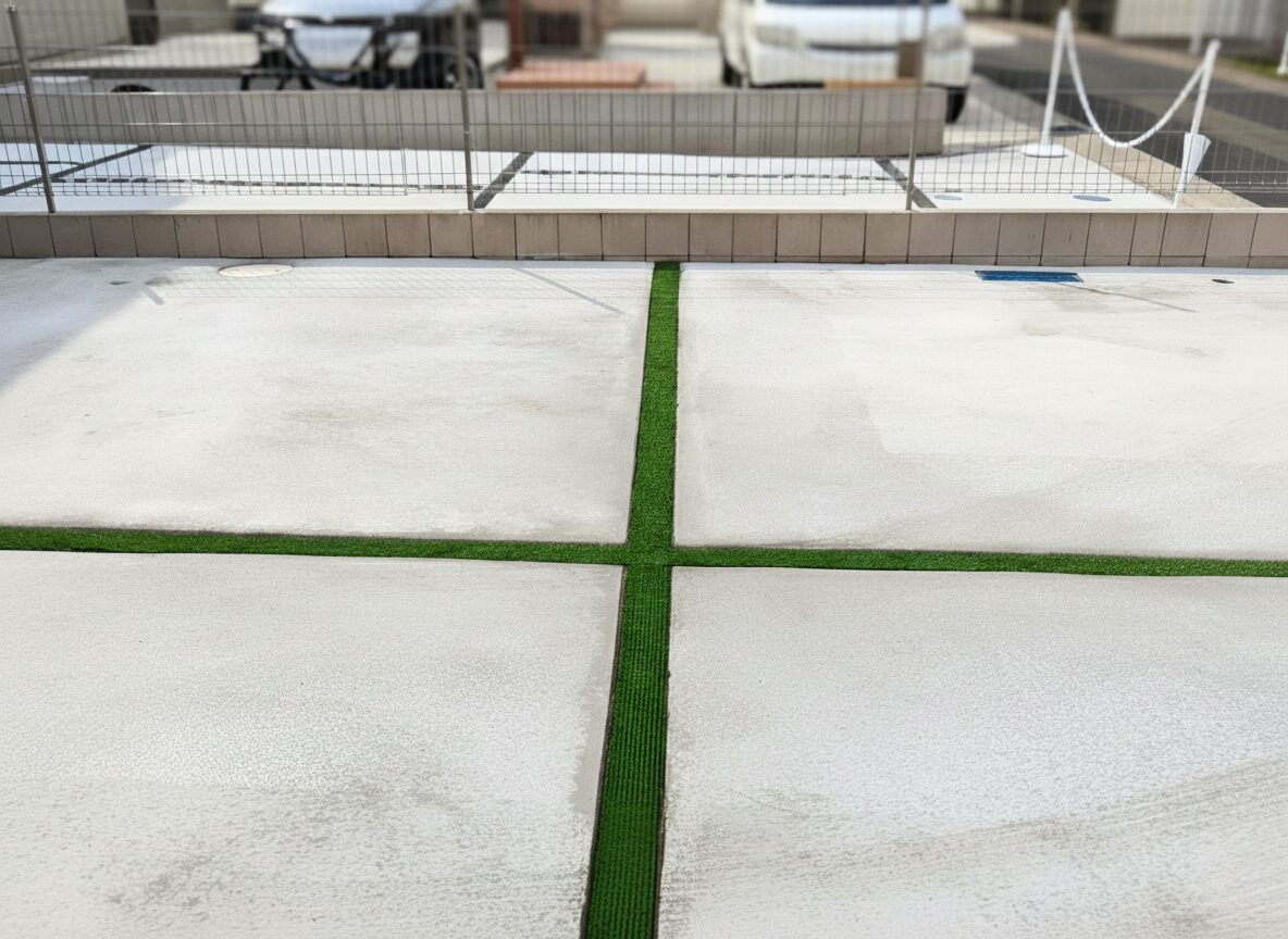 土間コンクリートと人工芝目地